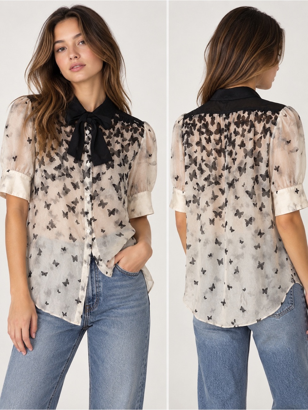 RED Valentino Silk Sheer Butterfly Tie-Neck Blouse size 8